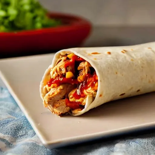 Prompt: a still of the Spiciest chicken burrito with ghost peppers and fire sauce, hd