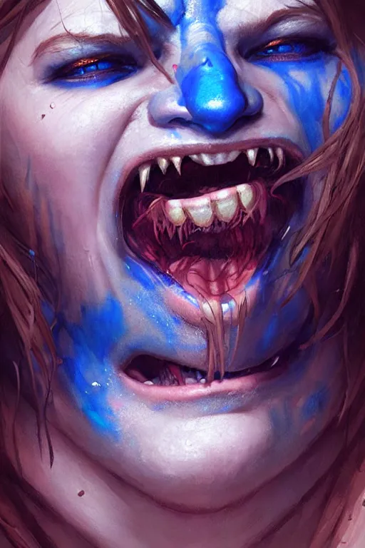 Image similar to portrait of a screaming celtic berserker woman with blue warpaint, medium shot, portrait, concept art, natural lighting, illustration, full color, highly detailed, photorealistic, by greg rutkowski and artgerm, artstation,