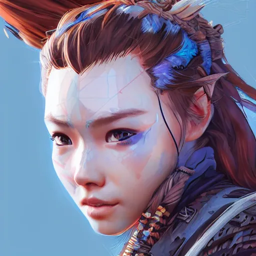 Image similar to aloy from horizon zero dawn in the style of artgerm, wlop, digital art, close-up, insanly detailed