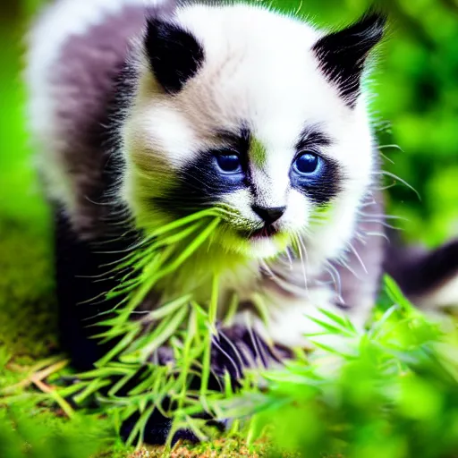 Image similar to cute kitten with panda body and cat face, in the garden in front of a house, highly detailed, sharp focus, photo taken by nikon, 4 k