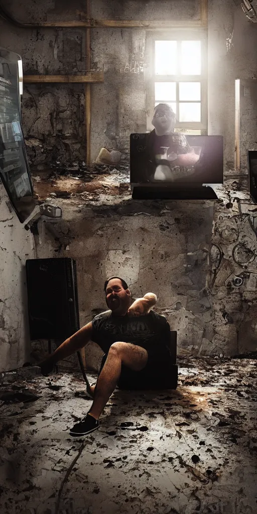 Prompt: typical cryptocurrency nerd, sitting in front of the computer, shilling, dark basement decay, bitcoin poster in background, fat and dirty, scruffy looking, claustrophobia, humidity in walls, award - winning photomanipulation