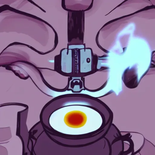 Prompt: photo of glados drinking tea