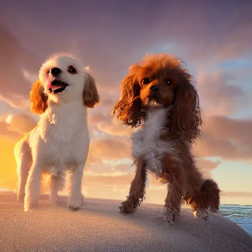 Prompt: a photorealistic closeup image of a cute brown colored long haired chihuahua cocker spaniel dog plays with a happy white bichon frise puppy on the beach. sunset, surf, brightly lit scene. fine detail. nice composition. 4 k hd unreal engine