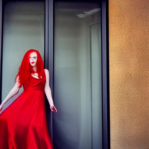 Prompt: Red haired woman in a red dress standing behind a red window curtain, portrait, photography