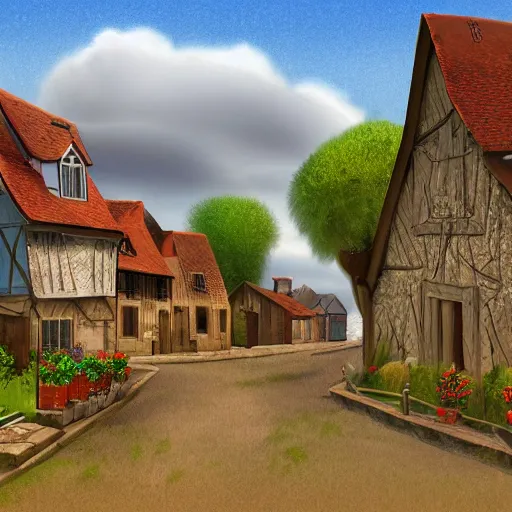 Image similar to digital art of a small village in medieval France in the style of Deiv Calviz, 4K