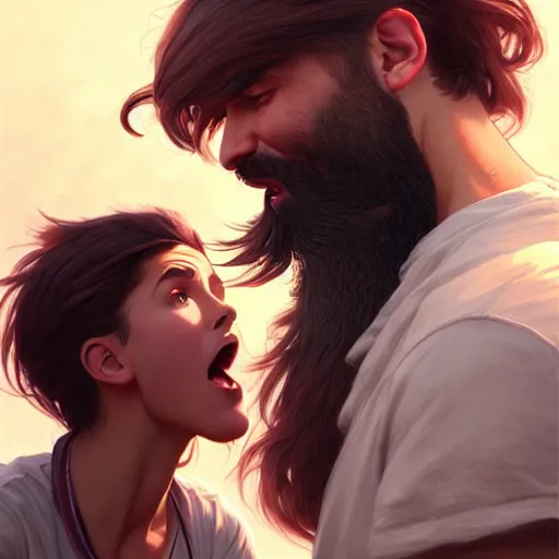 Image similar to bearded man is yelling at a teenage girl, highly detailed, professional digital painting, unreal engine 5, photorealism, hd quality, 8 k resolution, cinema 4 d, 3 d, cinematic, art by artgerm and greg rutkowski and alphonse mucha and loish and wlop