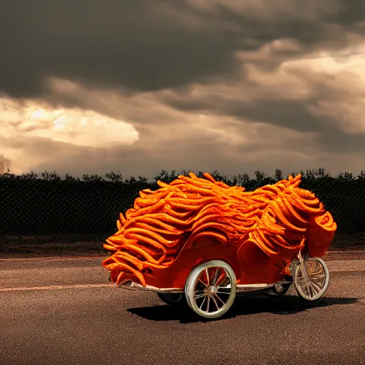 Prompt: a bycycle made of cheeto, cinematic lighting, hd 4 k photo