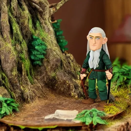 Prompt: Claymation of Legolas in picturesque forest diorama