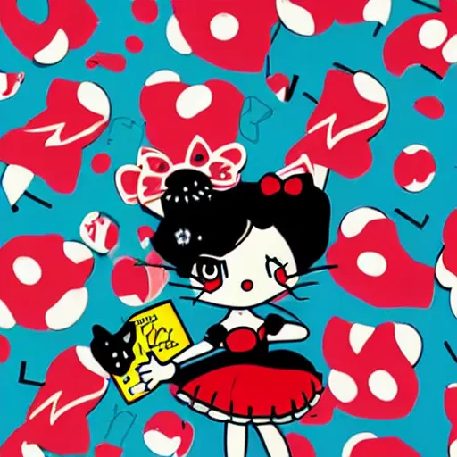 Prompt: Advertisement for Betty Boop x Hello Kitty by Sachin Teng :4 stylish, asymmetrical, Matte Painting , Vector , geometric shapes, hard edges, graffiti, street art:2 Masterpiece, impressive detail, vibrant, by Sachin Teng:4