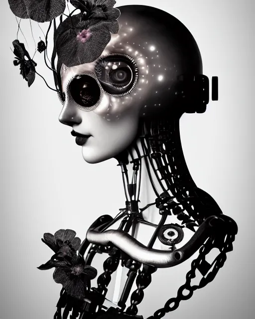 Image similar to black and white dreamy foggy poetic smoky profile face portrait, one silver steampunk realistic eye biomechanical beautiful angelic young female cyclope - cyborg - robot bust, body ribs meshes,, volumetric light, hibiscus flowers, by dora maar, rim light, big gothic fashion pearl embroidered collar, 8 k
