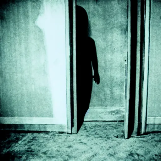 Prompt: Creepy pale ghost in dirty motel room, red carpet | cyanotype 70's scratched photo | Aesthetics of Silent Hill game