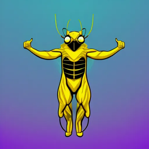 Image similar to human man that resembles a wasp morh in surreal sketch style, blue and yellow gradient, noise, ultrafine detail, hd 8k, logo illustration