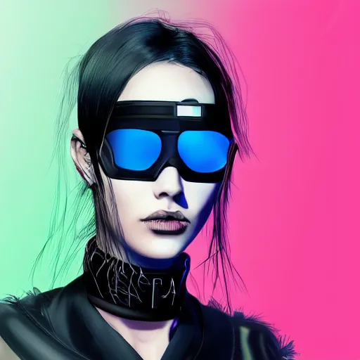 Prompt: headshot digital artwork of cyberpunk woman wearing thick black choker around neck, collar on neck, realistic, artstation, punk woman, cyberpunk style, neon,