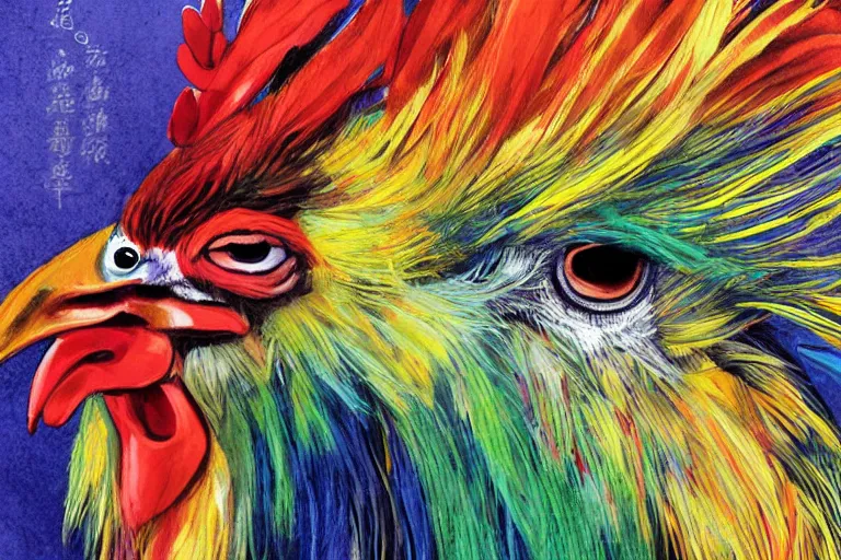 Image similar to illustration of a rooster with feathers of many colors, by feifei ruan and javier medellin puyou, lively colors, portrait, sharp focus, colored feathers, jungle