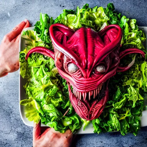 Image similar to a plate of food made of salad and huge alien xenomorph, award winning photographer, food photography