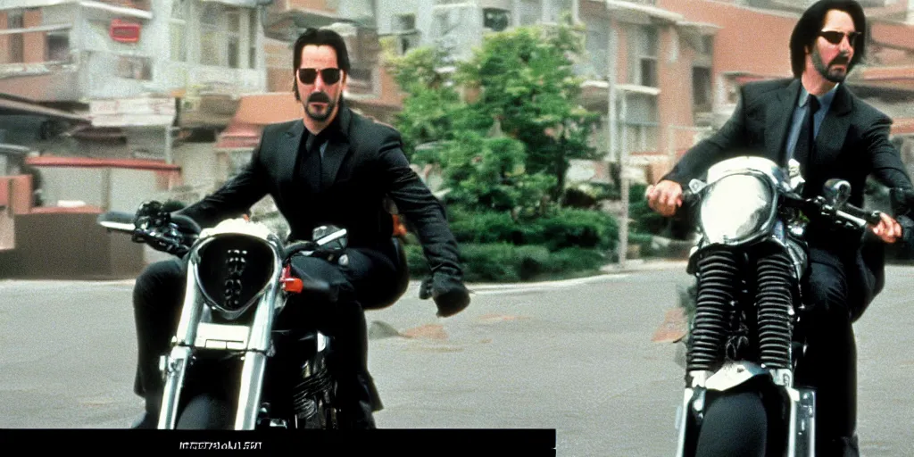 Prompt: beautiful hyperrealism three point perspective film still of Keanu Reeves as neo aiming two uzi at agent smith in a nice oceanfront promenade motorcycle chase scene in Matrix meets tintin(1990) extreme closeup portrait in style of 1990s frontiers in translucent porclein miniature street photography seinen manga fashion edition,, tilt shift style scene background, soft lighting, Kodak Portra 400, cinematic style, telephoto by Emmanuel Lubezki