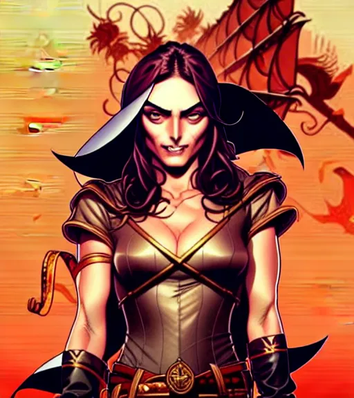 Image similar to artgerm, joshua middleton comic cover art, pretty pirate phoebe tonkin smiling, full body, symmetrical eyes, symmetrical face, long curly black hair, on a pirate ship background, warm colors