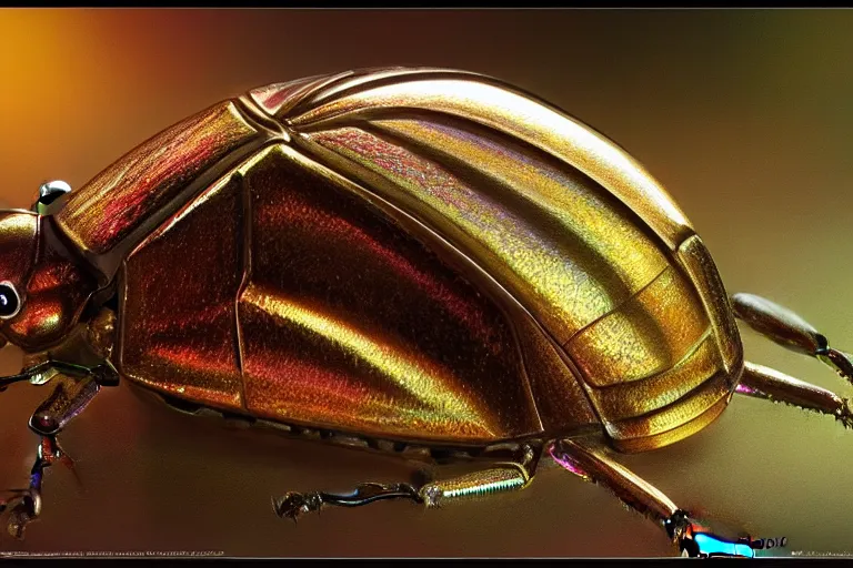 Prompt: iridescent beetle shell, by Thomas Kincade, Richard Sigamani, 8k photorealistic, HD, high details, concept art, trending on artstation