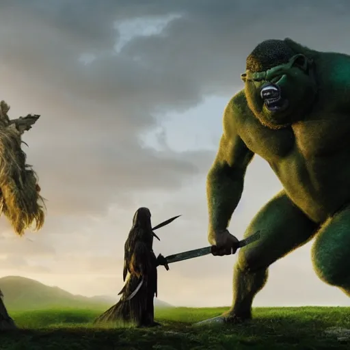 Prompt: still from a movie with cutting edge practical effects, giant humanoid troll with light green skin and big nose, muscular, wearing long fur toga and holding sword in the foreground, mastadons in the background, highly textured, fantasy, D&D, HDR, dramatic light, shallow depth of field