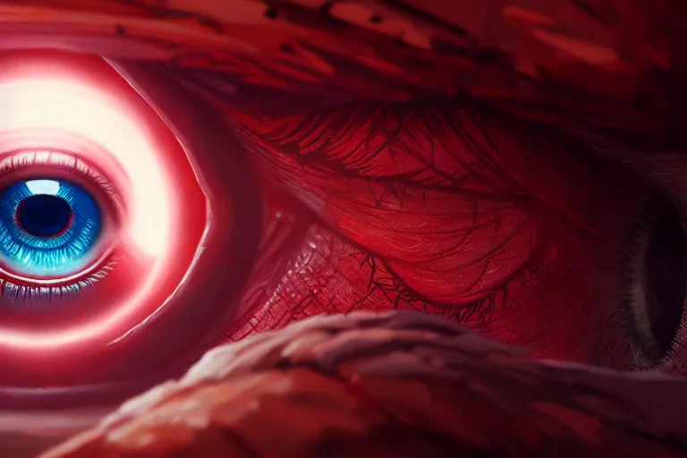 Image similar to portrait of a mystical giant eye, red pupils, intricate, ( ( abstract ) ), cinematic, octane render, wlop, greg rutkowski, dan mumford, artgerm