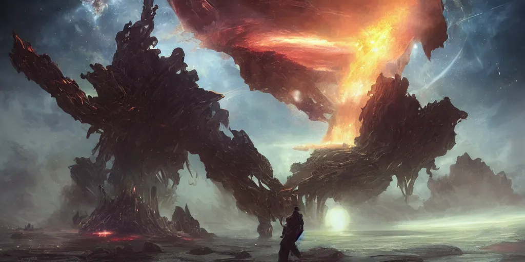 Image similar to epic portrait an planet being destroyed by lasers from freighters, dark, stars, glowing, fire, digital painting, artstation, concept art, soft light, hdri, smooth, sharp focus, illustration, fantasy, intricate, elegant, highly detailed, D&D, matte painting, in the style of Greg Rutkowski and Alphonse Mucha and artemisia, 8k, highly detailed, jurgens, rutkowski, bouguereau, pastoral, rustic, georgic