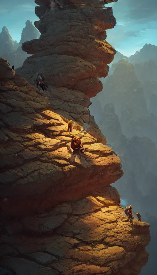 Prompt: rock climbers climbing a rock, an epic fantasy, dramatic lighting, cinematic, extremely high detail, photorealistic, cinematic lighting, matte painting, artstation, by simon stalenhag, horizon forbidden west