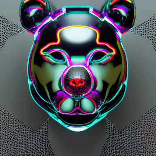 Image similar to chrome bear, glossy, metallic, neon, symmetrical, tribal patterns, realistic, unreal engine, octane, redshift, artstation, behance