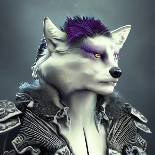 Prompt: actionism, soft painting centered portrait body shot fractal curiosities carnival, a single beautiful anthropomorphic wolf female mutation in full gothic armor, accurate features, focus, very intricate ultrafine details, black white purple volumetric clouds, award winning masterpiece, octane render 8 k hd