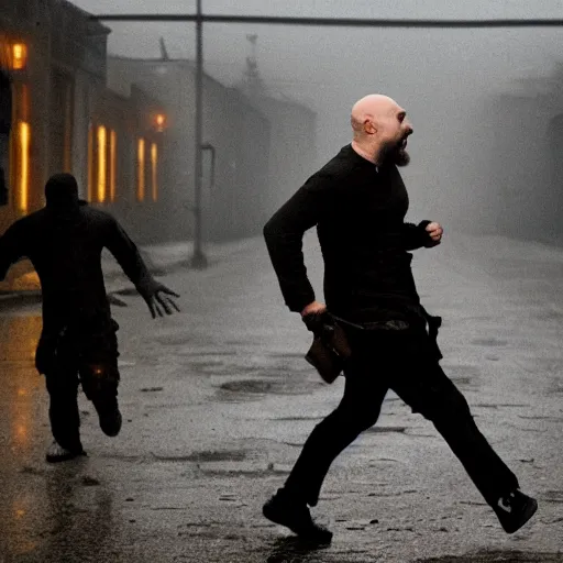 Prompt: a photo of a bald man with a pointy beard running away from horde of scary zombies, cinematic lighting, documentary footage, 5 0 mm lens, shallow depth of field, still from 2 8 days later