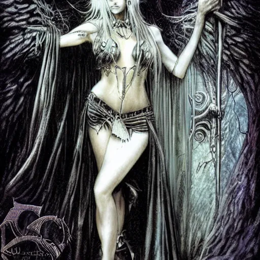 Prompt: dark beautiful sorceress casting an illusion spell by luis royo