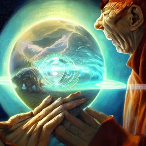 Image similar to the creator of worlds wearing a cloak and holding a holographic planet projection in his hand, detailed, sci - fi, digital painting, artstation, sharp focus, illustration, ominous, artgerm, tomasz alen kopera, peter mohrbacher, donato giancola, joseph christian leyendecker, wlop, frank frazetta