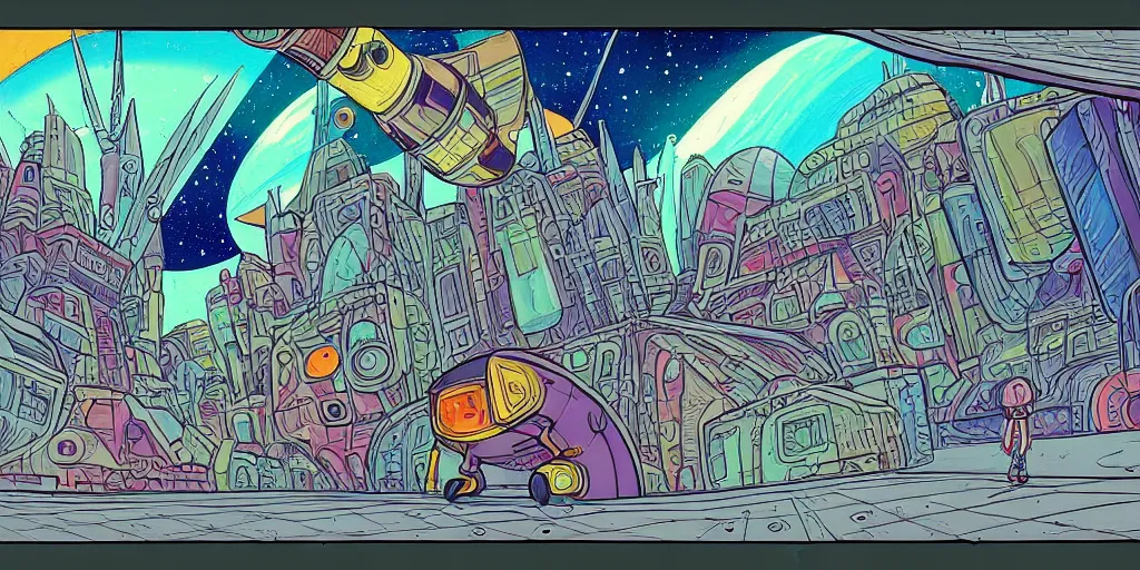 Image similar to traditional drawn colorful animation a solo skateboarder, futuristic city street, space station planet afar, planet surface, ground, rocket launcher, outer worlds, hyper contrast well drawn, in Metal Hurlant, in Pilote, in Pif, by Jean Henri Gaston Giraud animation film The Masters of Time FANTASTIC PLANET La planète sauvage animation by René Laloux