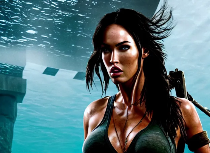 Image similar to film still of!!!! megan fox!!! as lara croft in new tomb raider movie, closeup portrait, exploring interior of torchlit atlantis underwater temple, glamour pose, dramatic lighting, octane, mist, volumetric lighting, 8 k