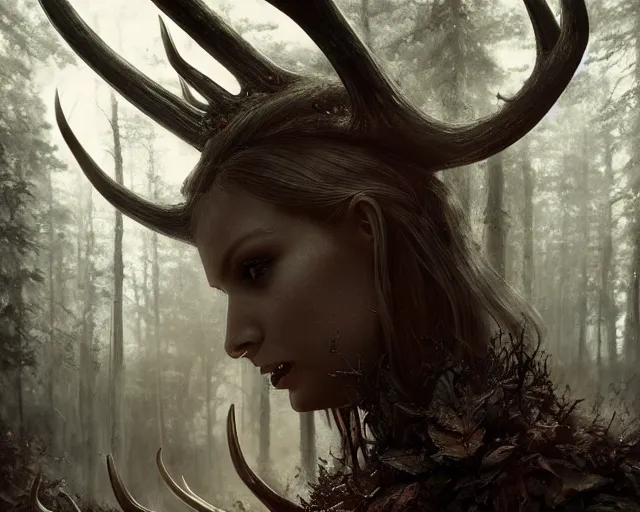 Image similar to 5 5 mm portrait photo of an armored demonic blond woman with antlers, in a magical forest. dark atmosphere. art by greg rutkowski. highly detailed 8 k. intricate. lifelike. soft light. nikon d 8 5 0.