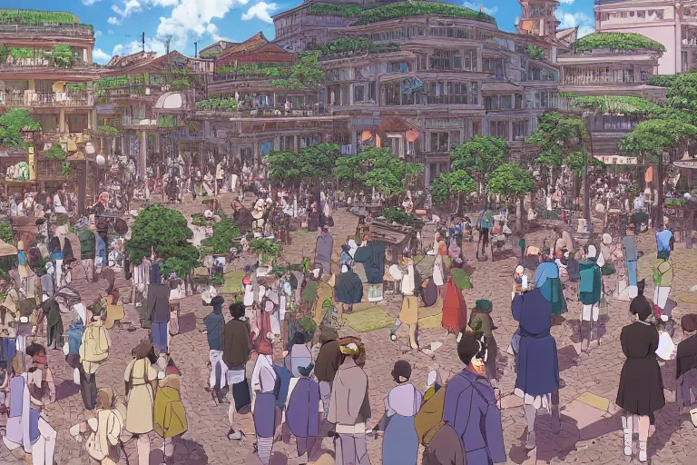 Image similar to cell shaded anime key visual of a renaissance city square, crowds of people, in the style of studio ghibli, moebius, makoto shinkai, dramatic lighting