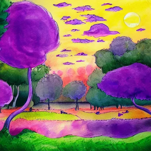 Prompt: a landscape with a purple sun with cotton candy trees flying ducks, the lorax, water color