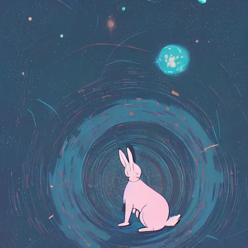 Image similar to A rabbit full of hope, looking for a black hole in an infinite time loop by Victo Ngai and Ghibli andlisk feng and atey ghailan