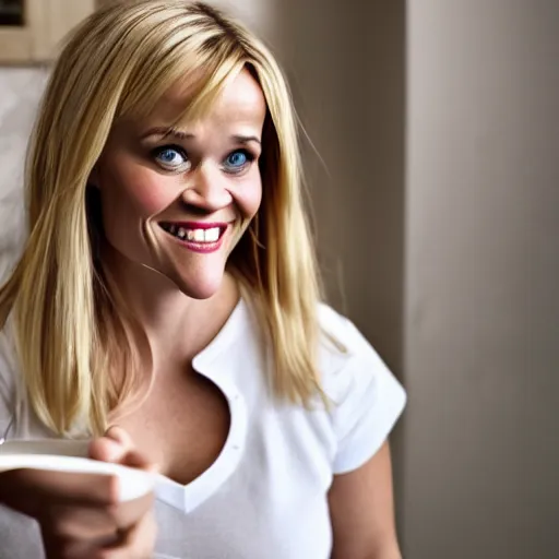 Prompt: reese witherspoon, holding a spoon, photography, smiling, portrait, soft focus