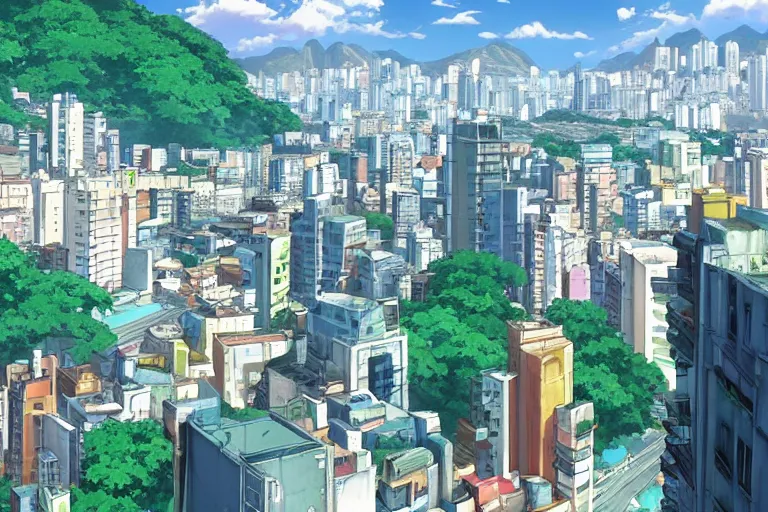 Image similar to rio de janeiro in an anime film, directed by makoto shinkai, street level