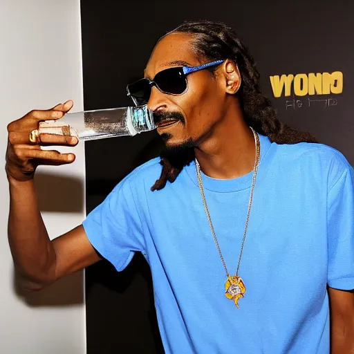 Prompt: photo of snoop dog drinking water while looking at the camera