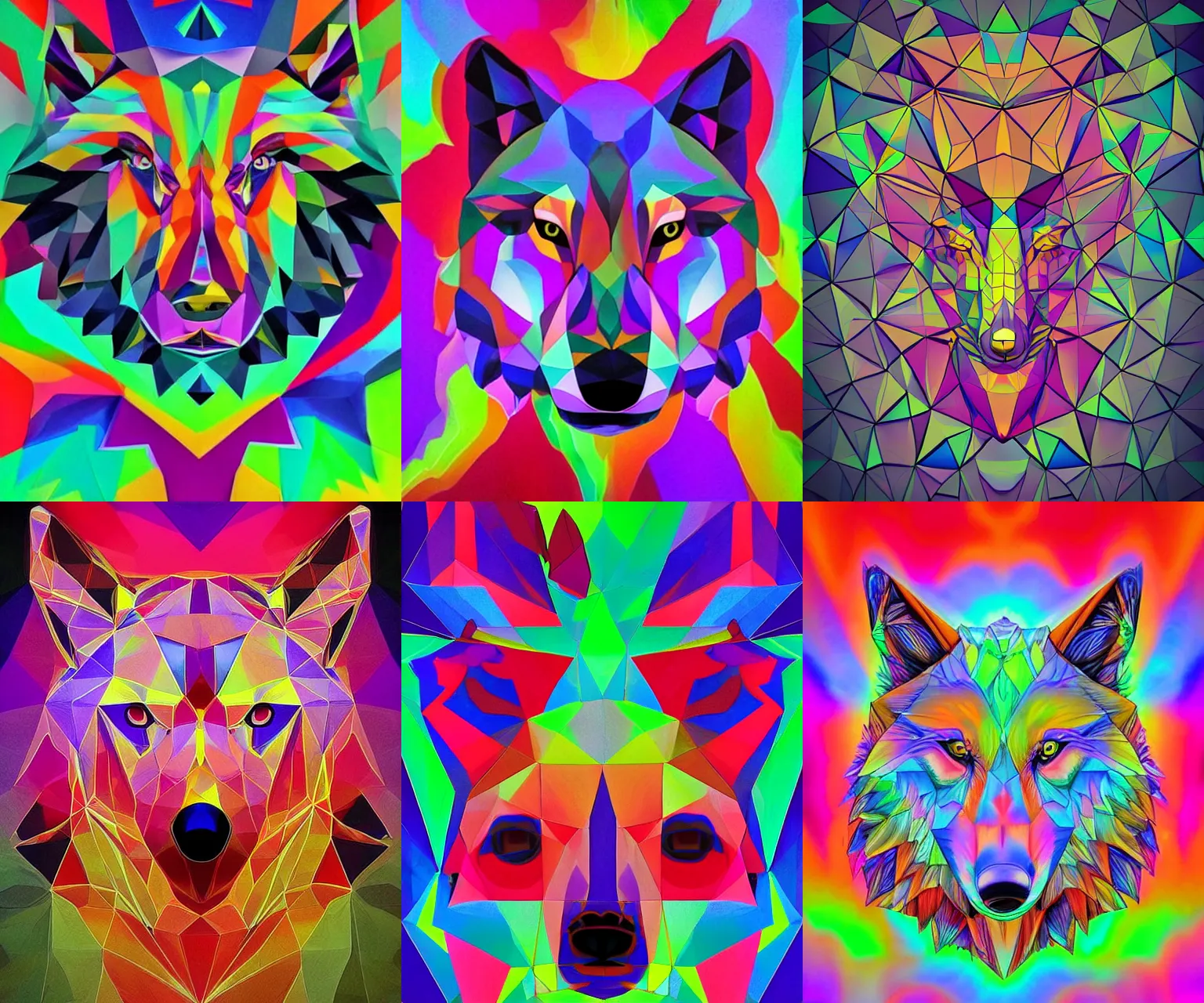 Prompt: 3d polygon art, psychedelic magma flower wolf portrait, geometric surrealism