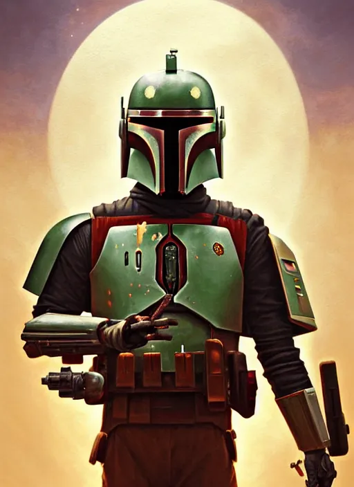 Image similar to symmetry! highly detailed portrait of boba fett, shallow focus. fantasy art by greg rutkowski, loish, rhads, ferdinand knab, makoto shinkai and lois van baarle, ilya kuvshinov, rossdraws, tom bagshaw, alphonse mucha, global illumination, radiant light, detailed and intricate environment