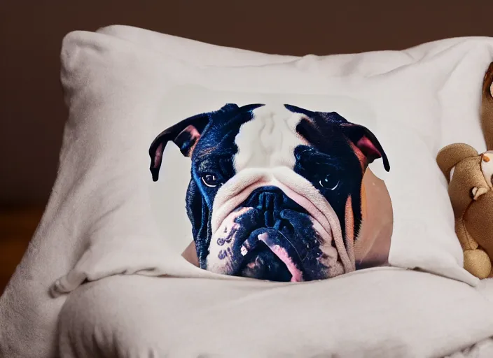 Image similar to a closup, 4 5 mm, portrait of a sleeping english bulldog on a pillow in a bed, candle light, 4 5 mm, by franz lanting