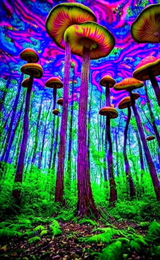 Prompt: trippy enchanged forest with large psychedelic mushrooms