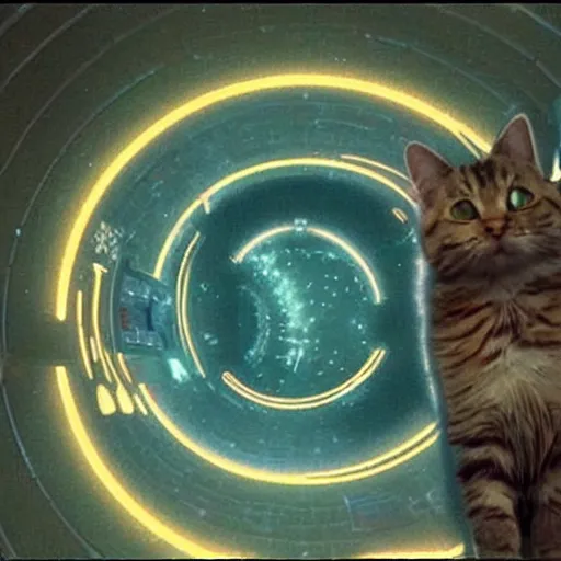 Image similar to a cat getting lost in the stargate sequence, 2 0 0 1 a space oddysey style