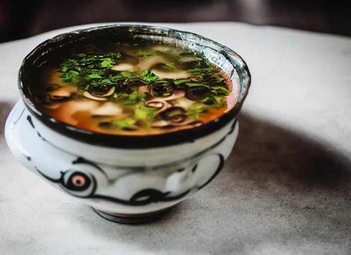 Image similar to dslr photograph of a bowl eldritch horror soup filled with tentacles and eyeballs, 8 5 mm f 1. 8