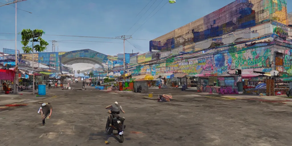 Prompt: market la terminal in guatemala city if it was a game like grand theft auto v first person view, with realistic visuals and award winning gameplay, graffitis