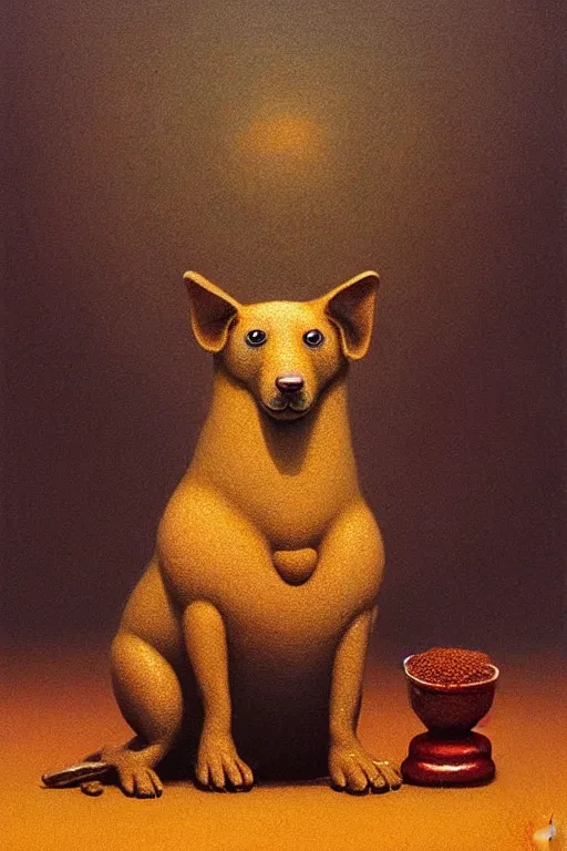 Prompt: painting of a very cute dog consisting entirely of british baked beans, dog is made of baked beans, baked bean skin texture, by zdzislaw beksinski, by dariusz zawadzki, by wayne barlowe, gothic, surrealism, cosmic horror, lovecraftian, cold hue's, warm tone gradient background, concept art, beautiful composition