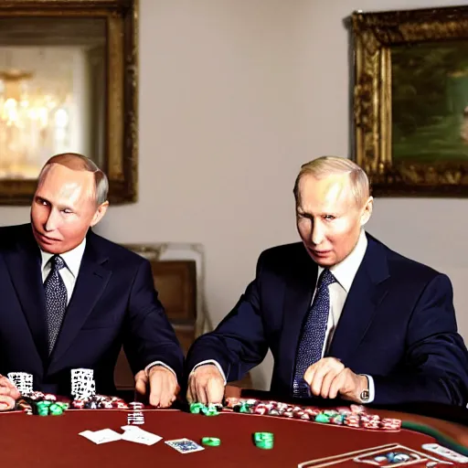 Image similar to UHD candid color photo of Putin, Klaus Schwab, and Biden playing poker, accurate faces, UHD, photorealistic, correct face, photo by Annie Leibowitz