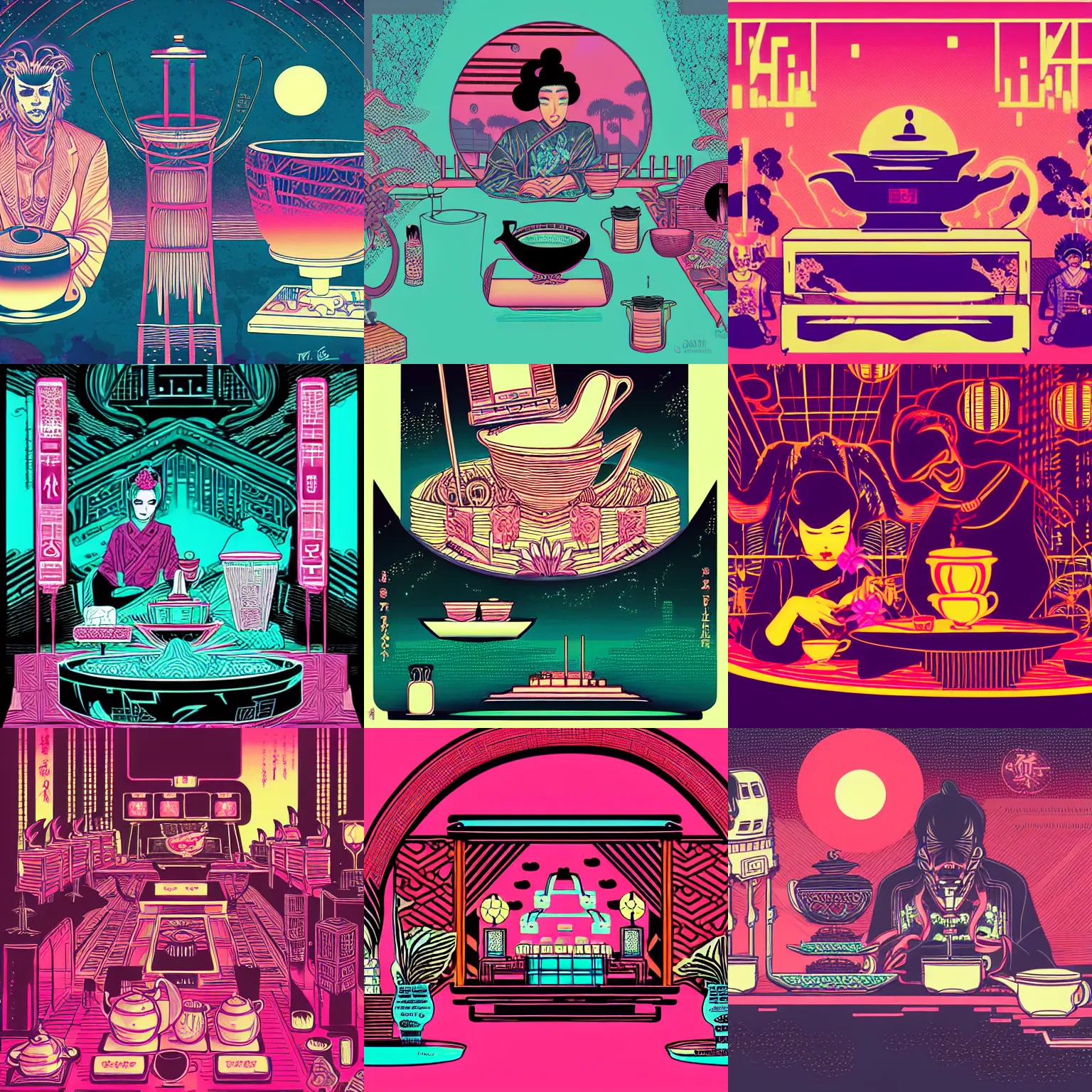Prompt: synthwave tea ceremony, intricate illustration by tim doyle
